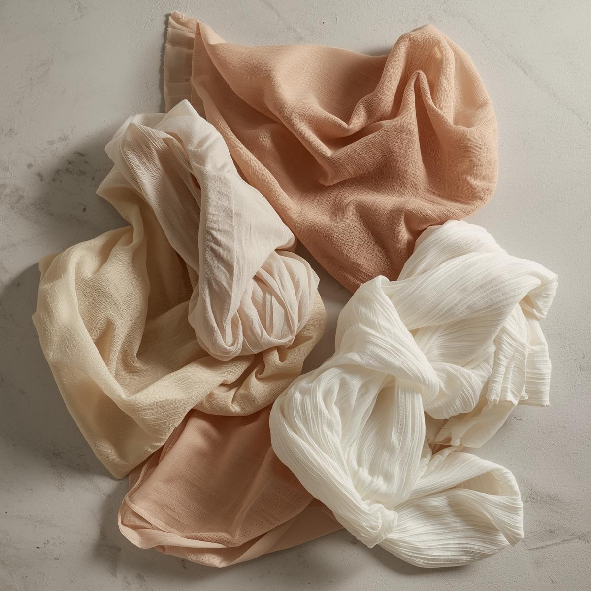 neutral flat lay of folded natural fabrics, organic textures, stone background, minimal composition, high end fashion editorial st copy 2
