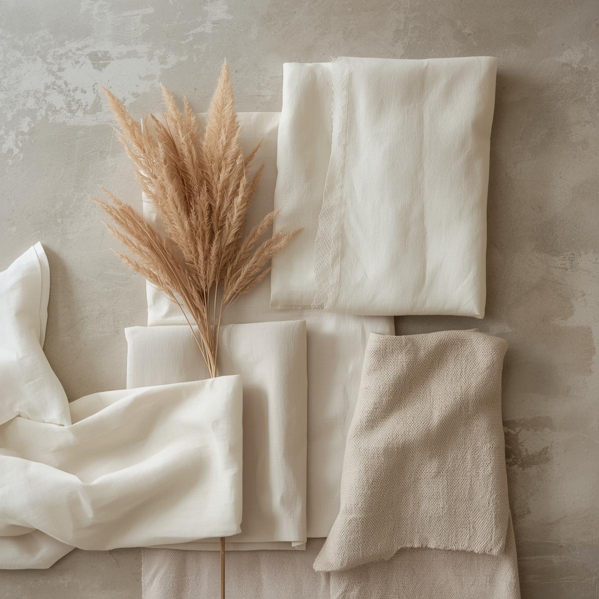 neutral flat lay of folded natural fabrics, organic textures, stone background, minimal composition, high end fashion editorial st copy