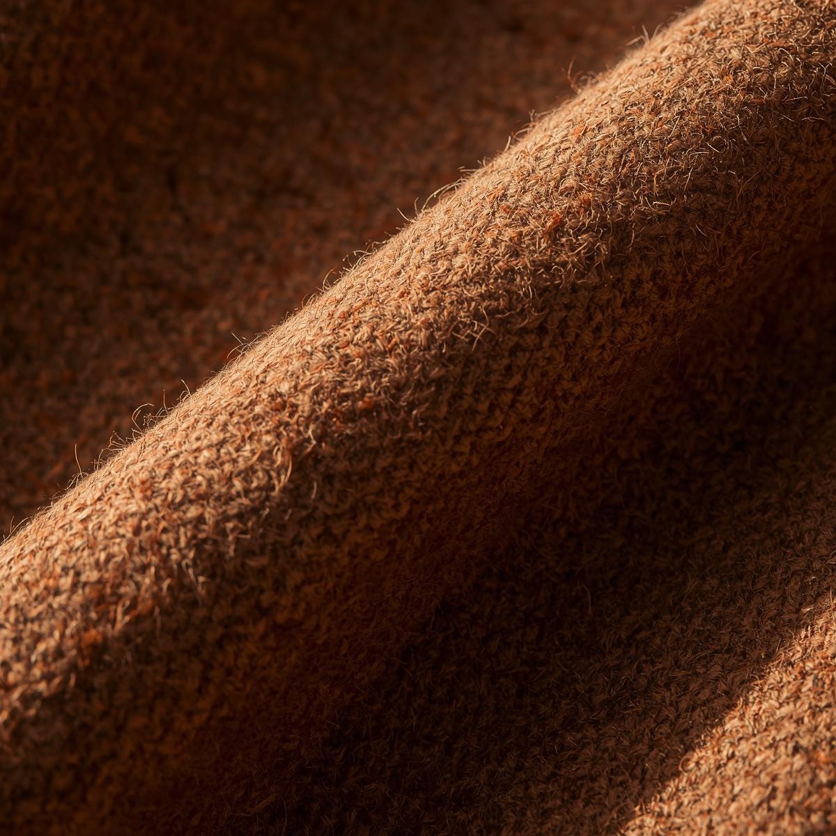 prompt close up wool tweed fabric texture, rich brown tweed cloth with subtle flecks of rust and gold yarn, refined heritage textile detail, soft natural sunlight, editorial fabric photography