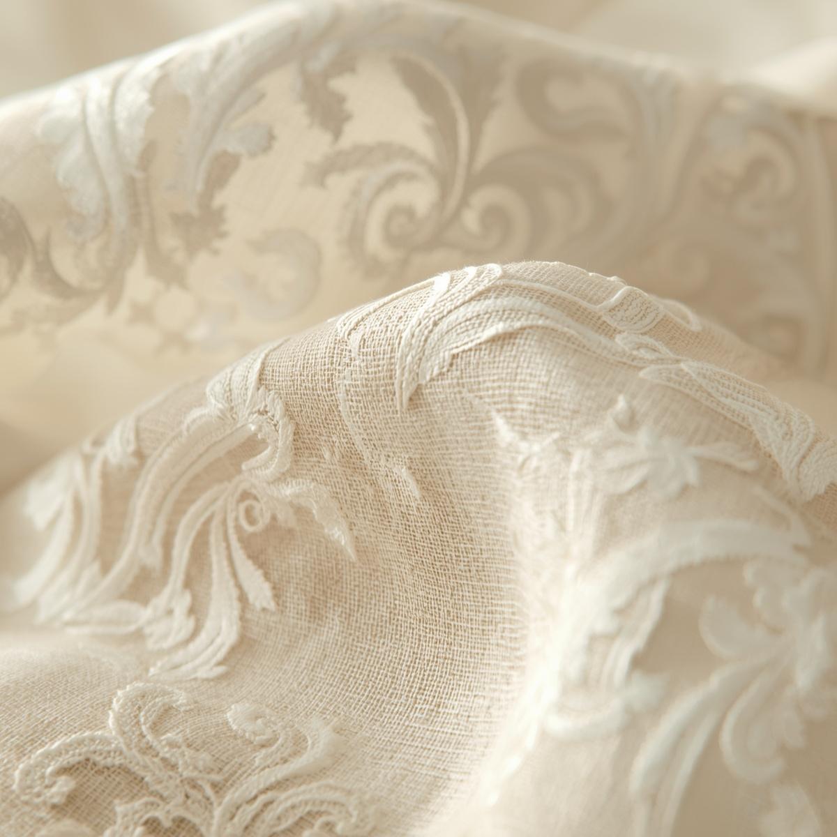close up linen damask fabric texture, eggshell linen cloth with elegant woven pattern, subtle decorative textile detail, soft natural lighting, editorial textile photography