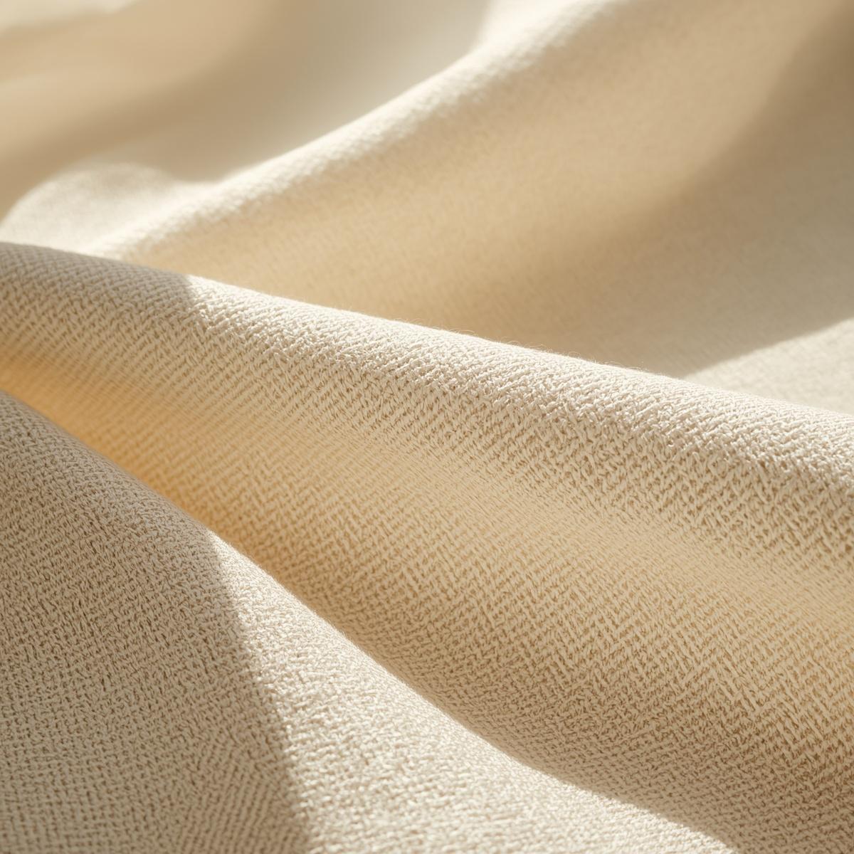 close up linen herringbone fabric texture, light beige linen cloth with subtle zigzag woven pattern, refined textile detail, soft natural sunlight, editorial fabric photography