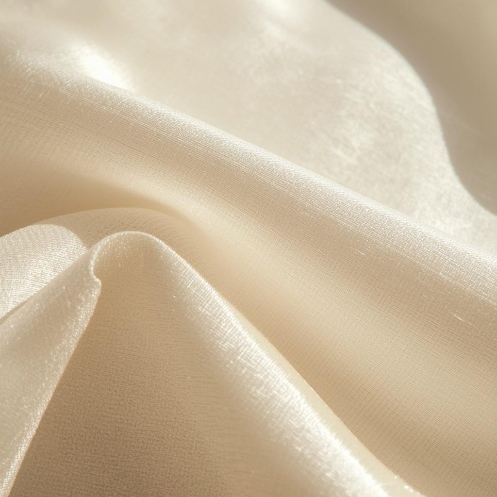 close up silk dupioni fabric texture, light eggshell silk cloth with visible slub weave, natural sunlight highlighting textile detail, editorial fabric photography