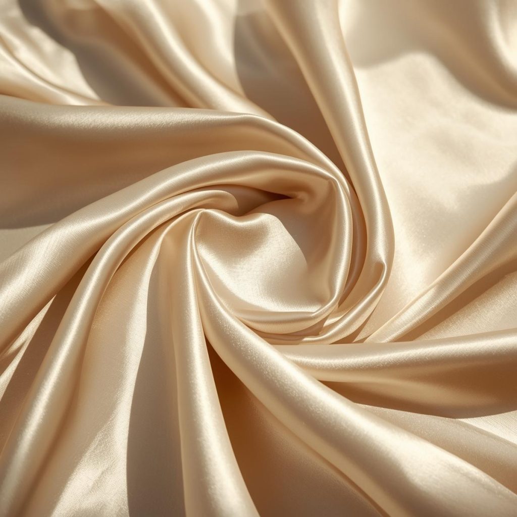 draped silk satin fabric, champaign silk cloth with glossy smooth surface reflecting sunlight, luxury editorial textile photography