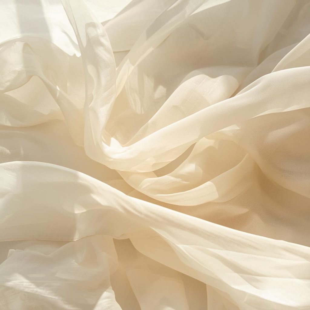 flowing silk chiffon fabric, eggshell colored translucent silk cloth moving softly in sunlight, airy delicate textile photography