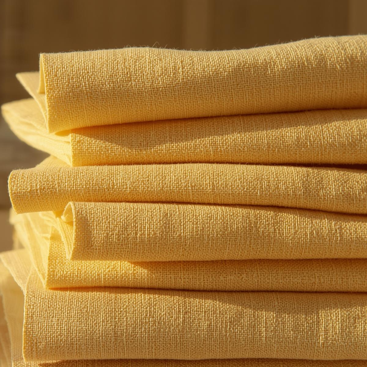 folded hemp canvas fabric stack, chic pastel yellow hemp cloth with thick durable weave texture, structured folds, warm natural sunlight, artisan textile photography