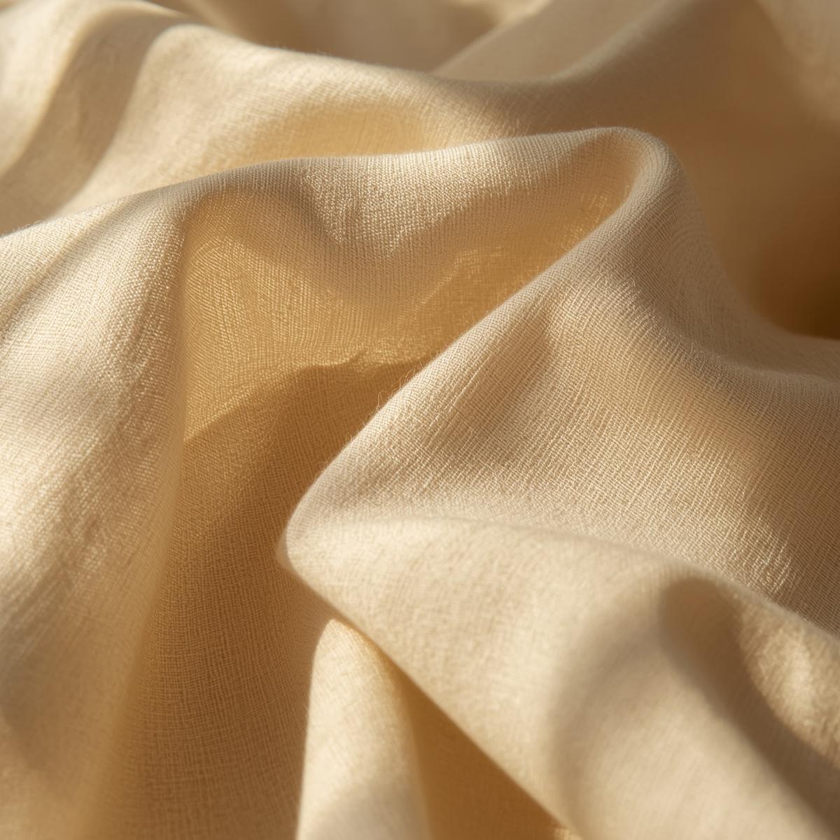 folded linen twill fabric, light macadamia colored linen cloth with visible diagonal weave pattern, structured folds, warm natural sunlight, artisan textile photography