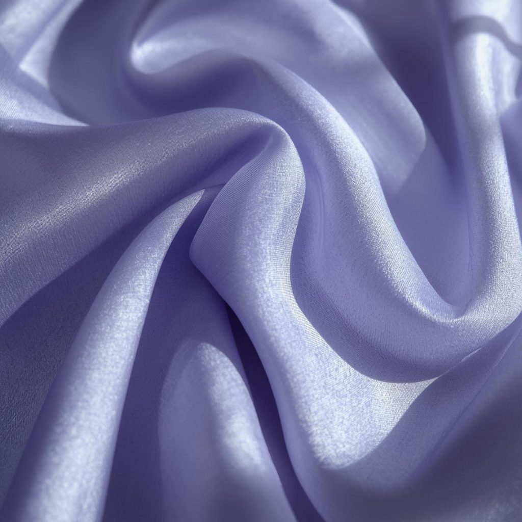 folded silk crepe fabric, blue lilac silk cloth with soft grain texture, natural sunlight highlighting textile surface, refined editorial fabric photography