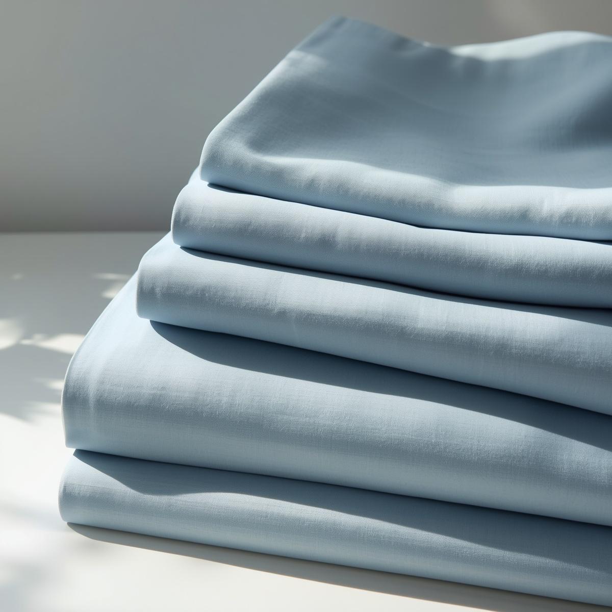 neatly folded cotton poplin fabric stack, dusty blue crisp cotton cloth with smooth weave, clean elegant folds, natural sunlight, editorial textile photography