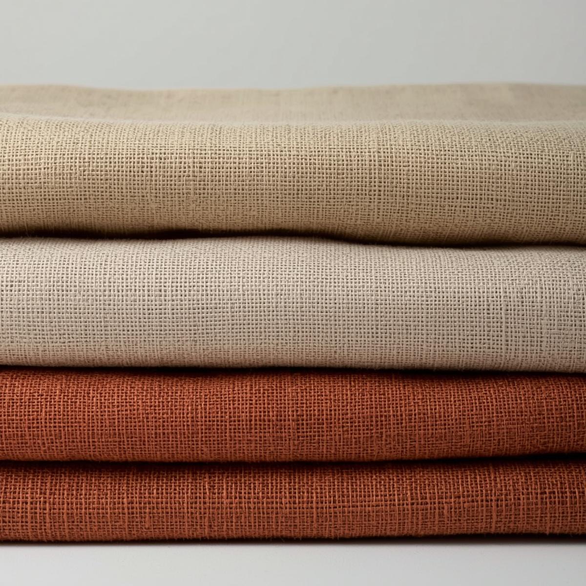 neatly folded linen canvas fabric, terracotta flax cloth stacked in structured folds, durable weave texture visible, artisan textile photography